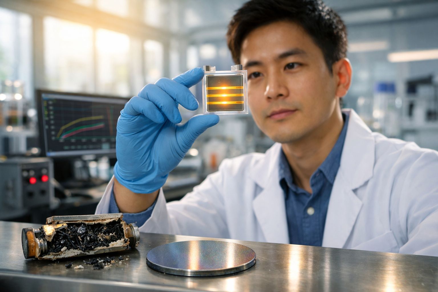 Cientista em laboratório observa célula de combustível enquanto analisa componentes na bancada.