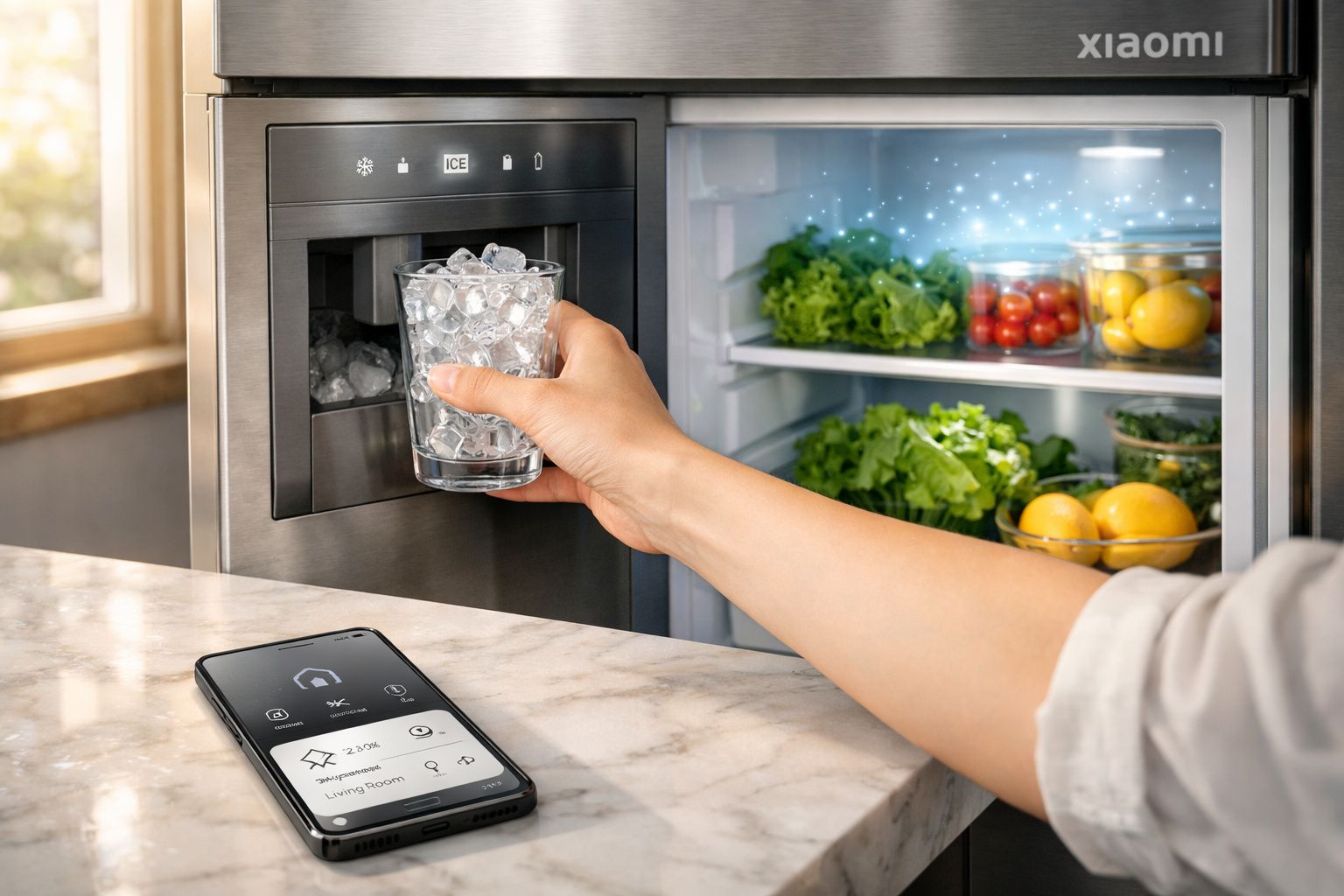 Mão a tirar cubos de gelo de um frigorífico moderno com legumes e frutas no interior.