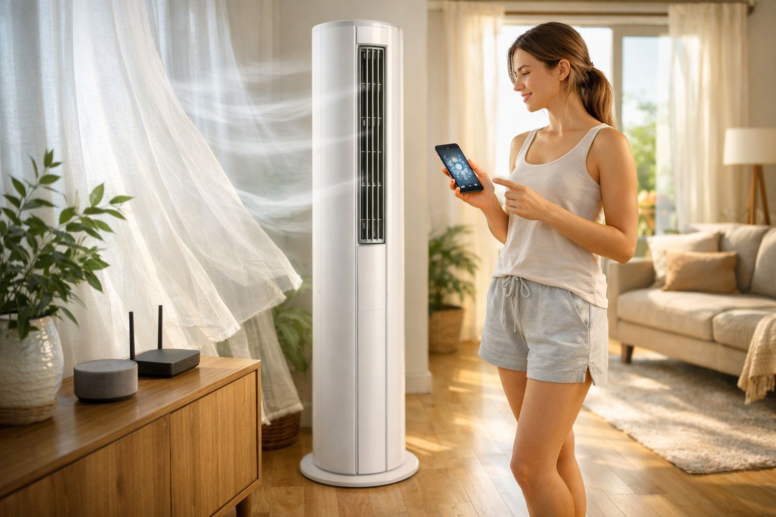 Mulher controla ar condicionado vertical com smartphone numa sala iluminada e confortável.