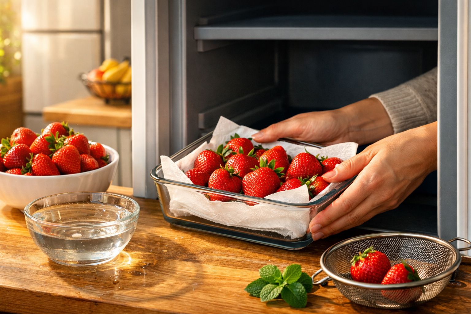 Mãos a colocar morangos num recipiente de vidro no frigorífico, com taça e coador de morangos na bancada.