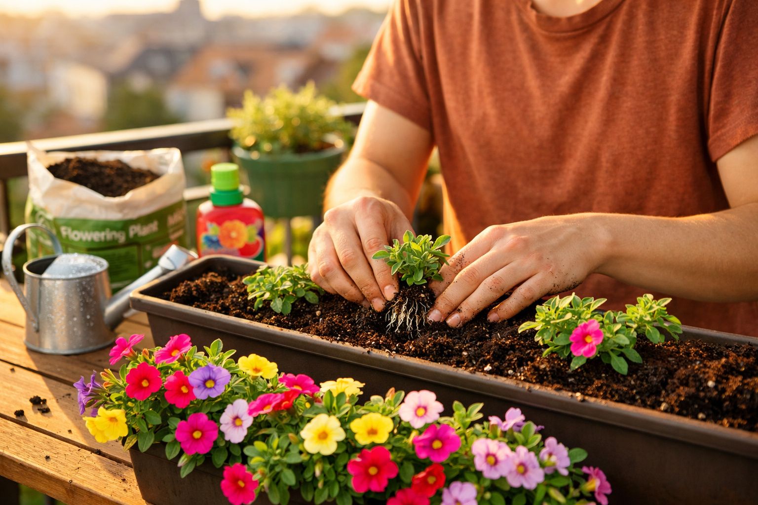 Pessoa a plantar flores num vaso com terra numa varanda iluminada pelo sol ao entardecer.