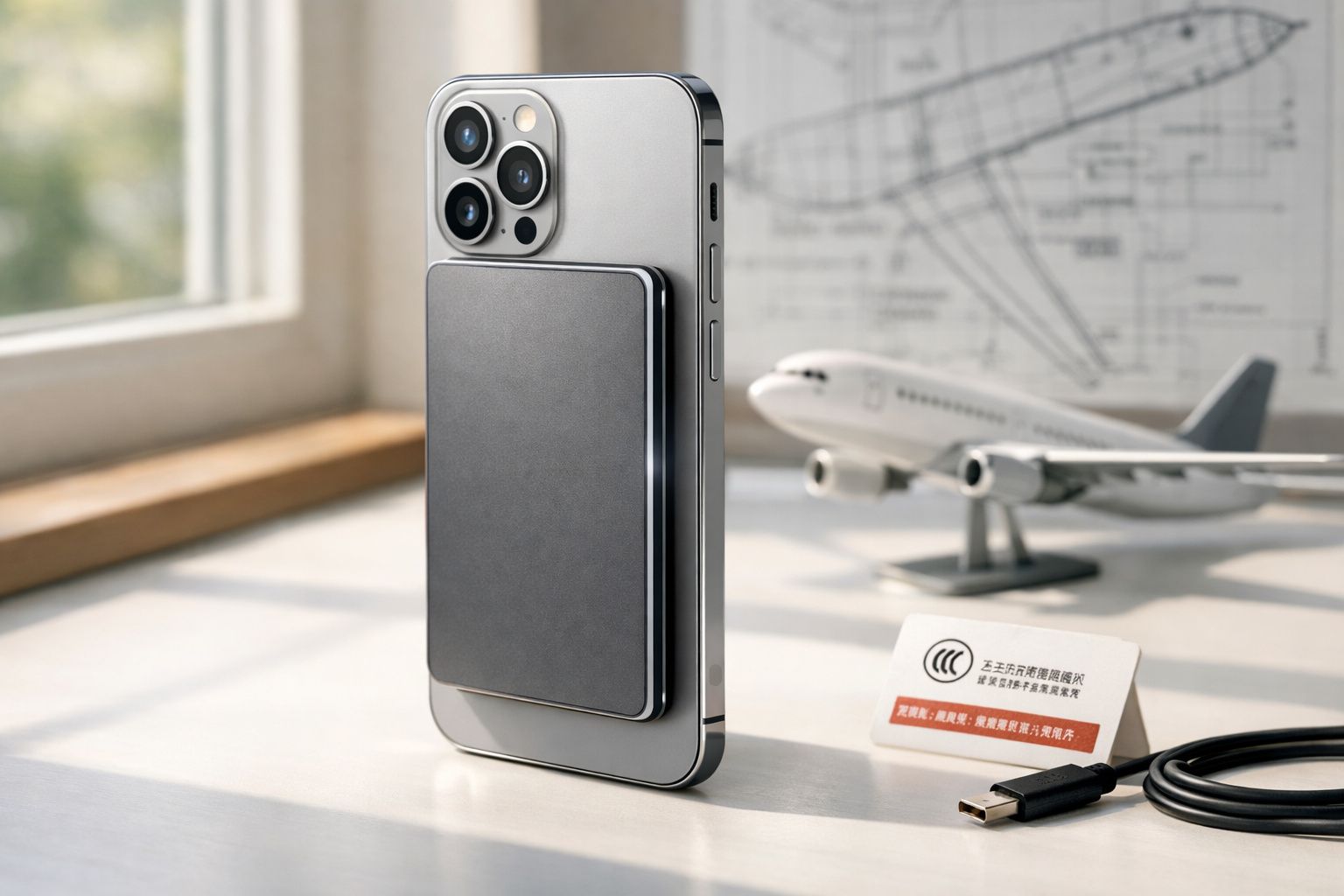 Smartphone prateado com carregador portátil magnético cinza numa mesa perto de uma janela, com modelo de avião ao fundo.
