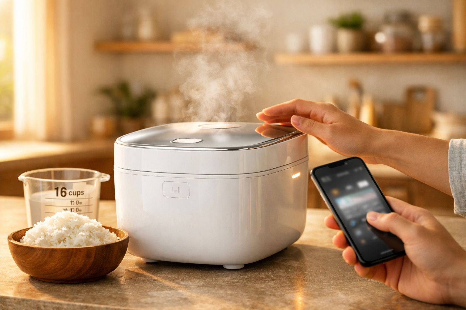 Panela de arroz elétrica a vapor, com mão a abrir a tampa e outra a segurar telemóvel na cozinha.