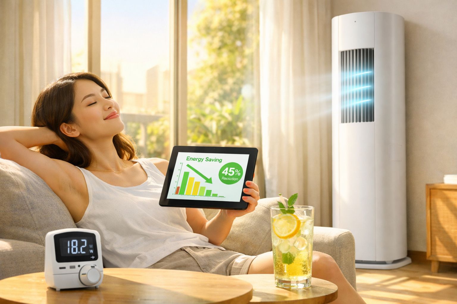 Mulher relaxa no sofá com ar condicionado e mostra ecrã com poupança energética de 45%.