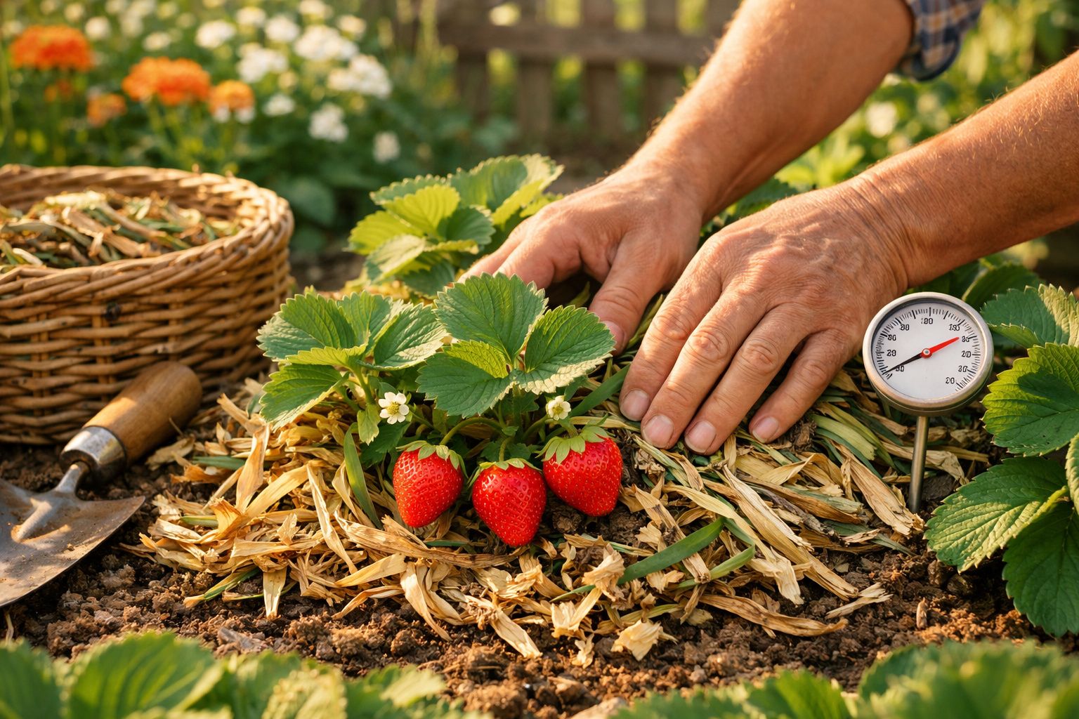 Mãos a cuidar de planta de morango com frutos maduros num jardim com termómetro e cesta de vime.