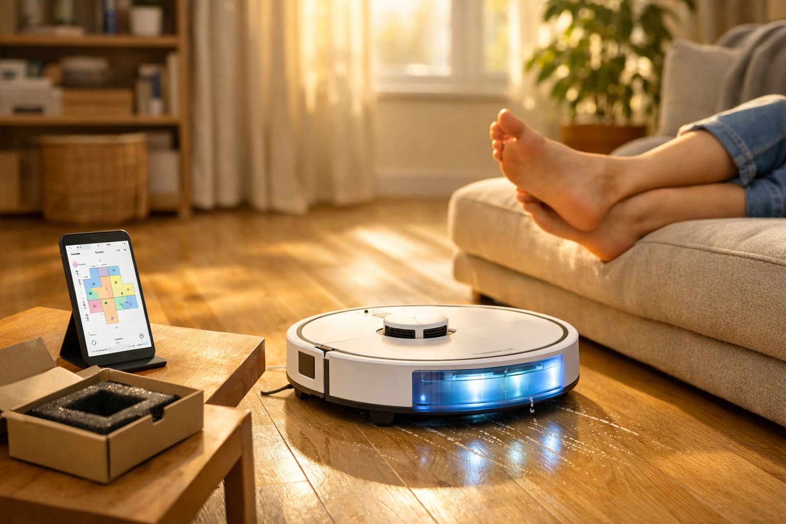 Aspirador robô a limpar chão de madeira numa sala, com pés descansando no sofá e telemóvel a mostrar app.