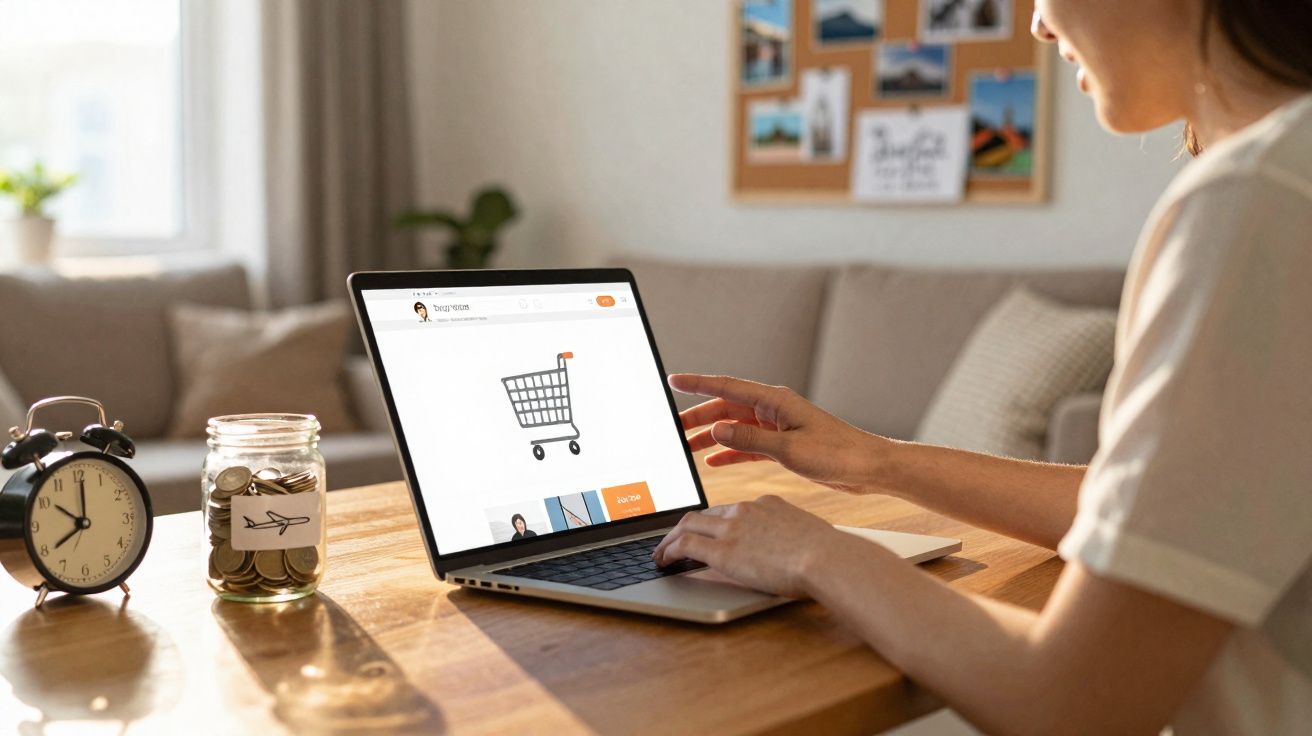 Pessoa a fazer compras online num computador portátil numa mesa com relógio e mealheiro.