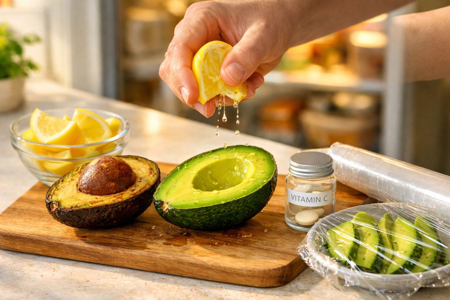 Mão a espremer limão sobre abacate cortado ao meio com sementes, vitamina C e kiwi fatiado numa tábua de madeira.