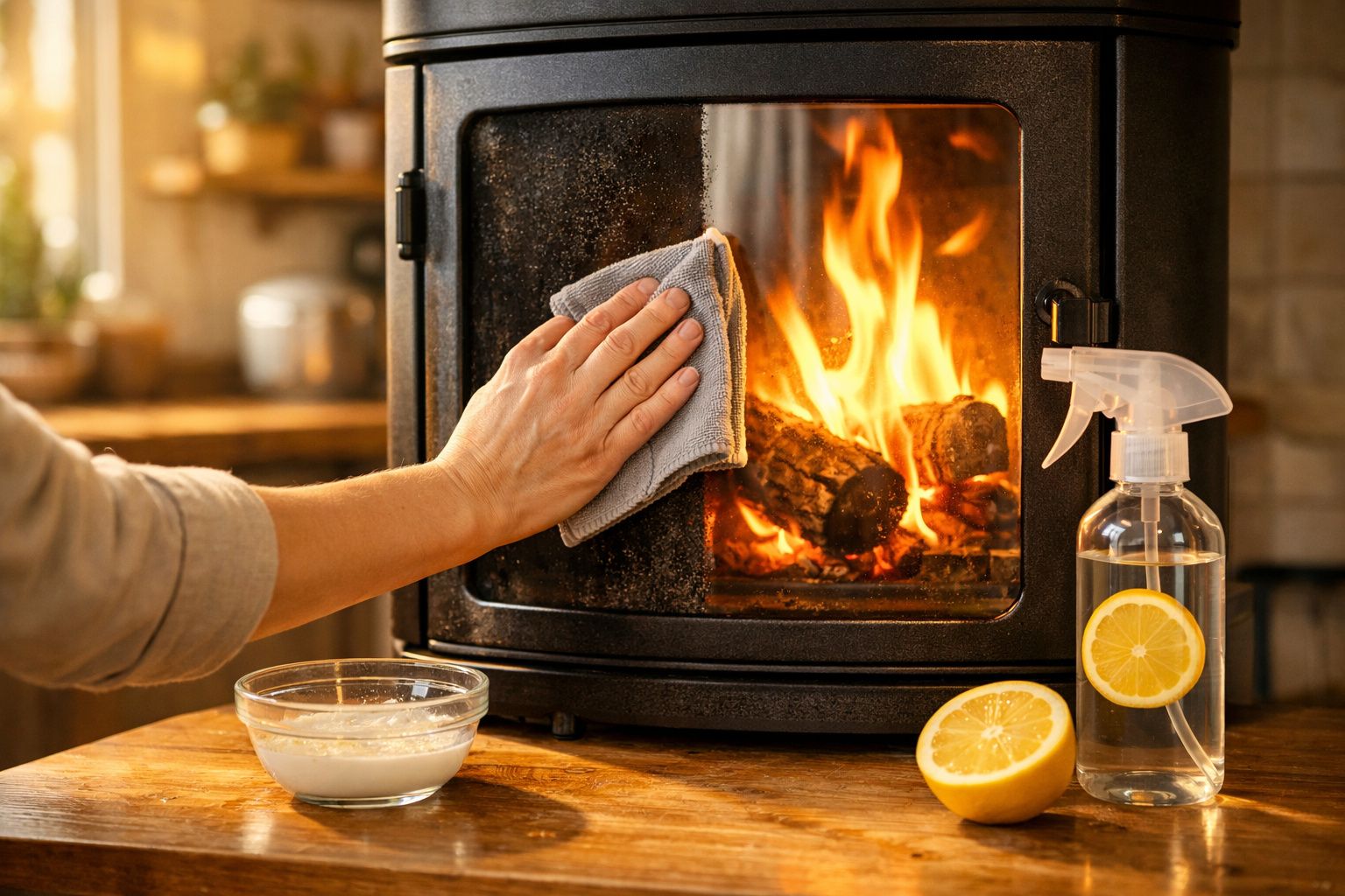 Pessoa a limpar o vidro de uma lareira a lenha acesa com pano, ao lado de limão e spray de limpeza.