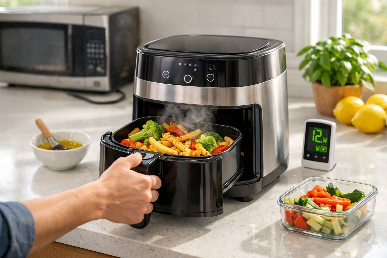 Mão a retirar tabuleiro com legumes e batatas fritas quentes de uma fritadeira eléctrica na cozinha.