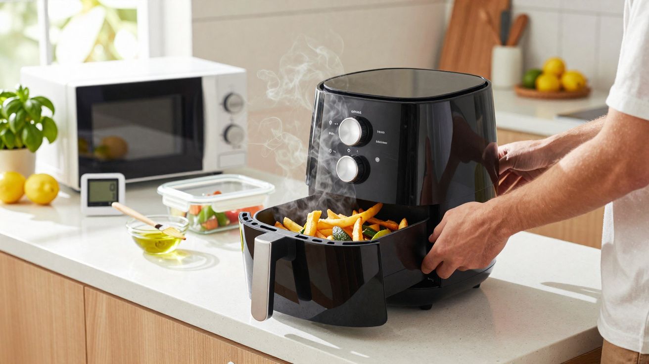 Homem a retirar batatas fritas quentes de uma fritadeira sem óleo numa cozinha moderna.