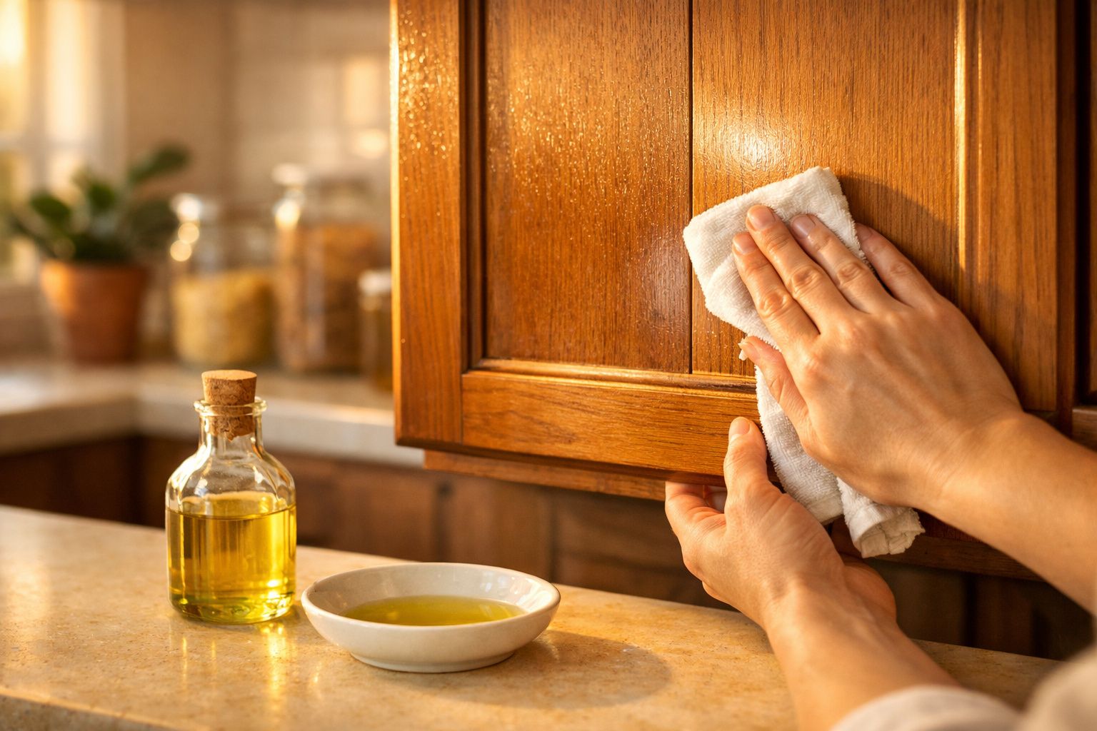 Mãos a limpar um armário de madeira na cozinha com um pano branco ao lado de óleo numa garrafa e prato.