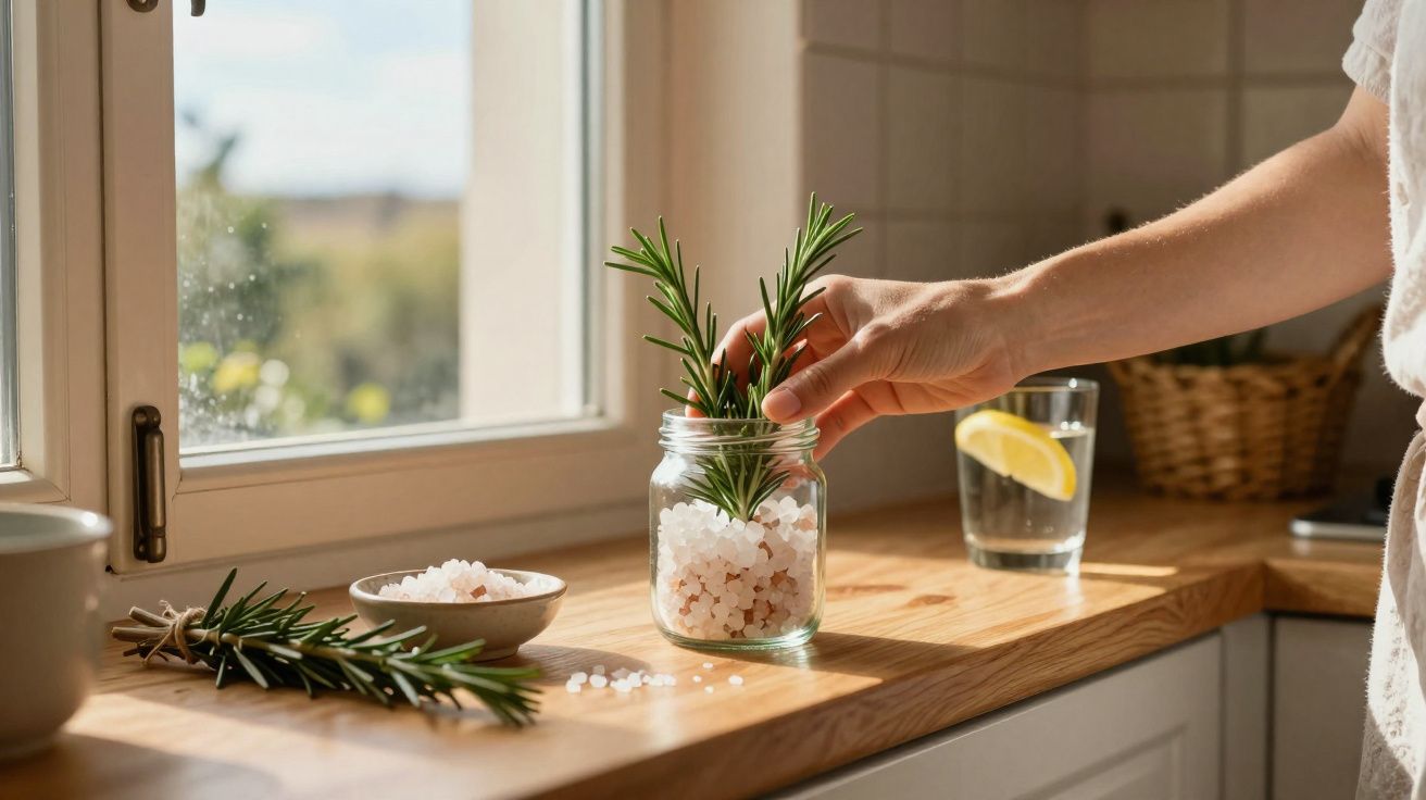 Mão a colocar raminhos de alecrim num frasco com sal grosso numa cozinha iluminada pela janela.