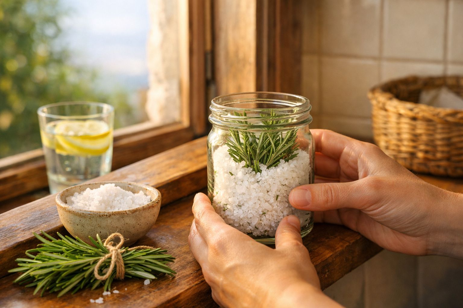 Mãos seguram frasco com sal grosso e raminho de alecrim junto a taça de sal e copo com água e limão na janela.
