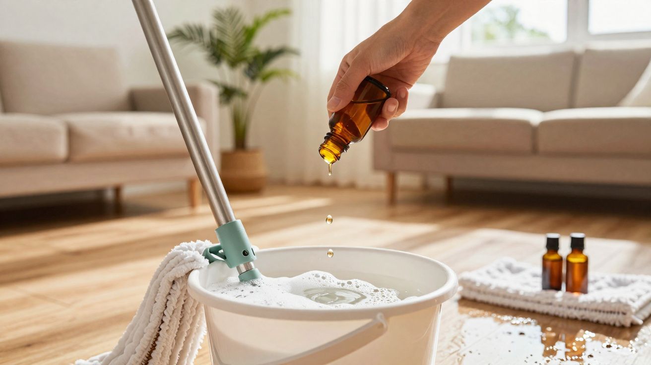 Pessoa a colocar gotas de essência num balde com água e esfregona para limpeza de chão numa sala.