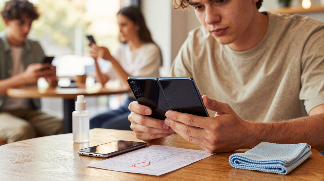 Jovem usando telemóvel dobrável numa mesa com papel, pano limpo e telefone, outras pessoas ao fundo.