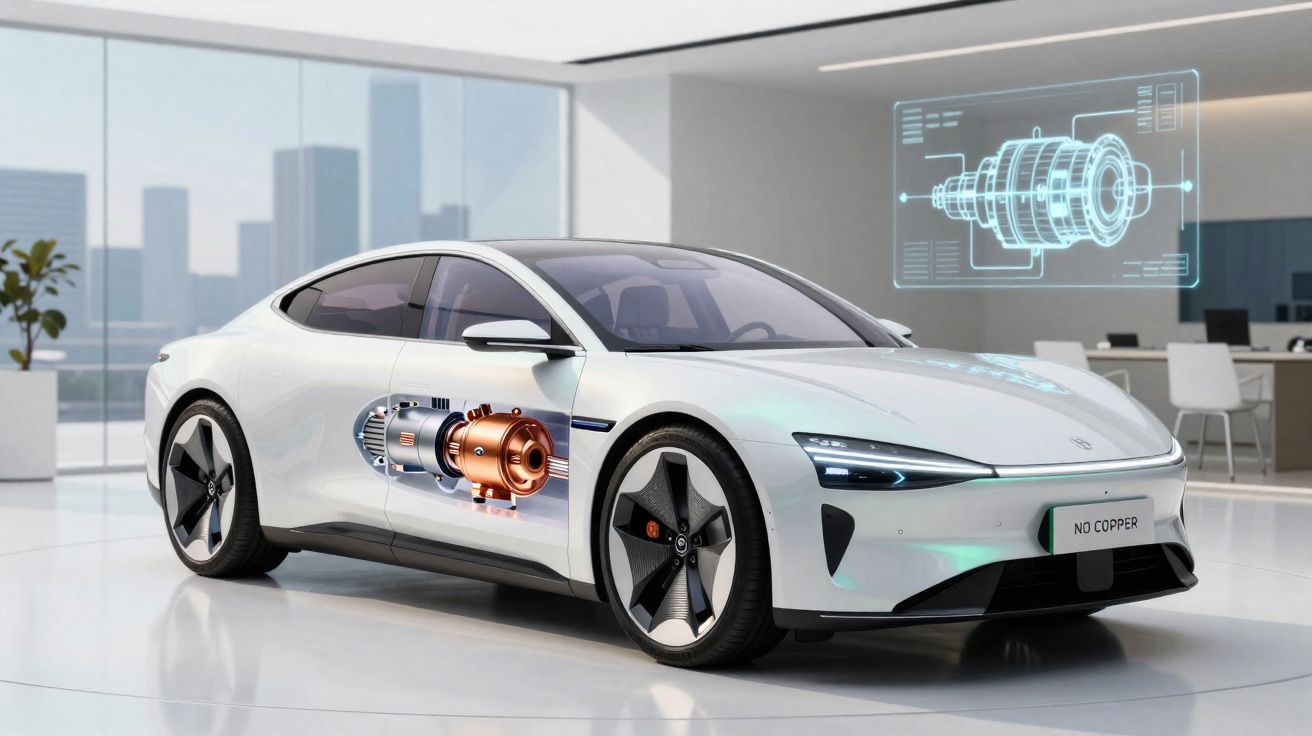 Carro elétrico branco numa sala moderna com ilustração do motor em destaque e planta holográfica no vidro.