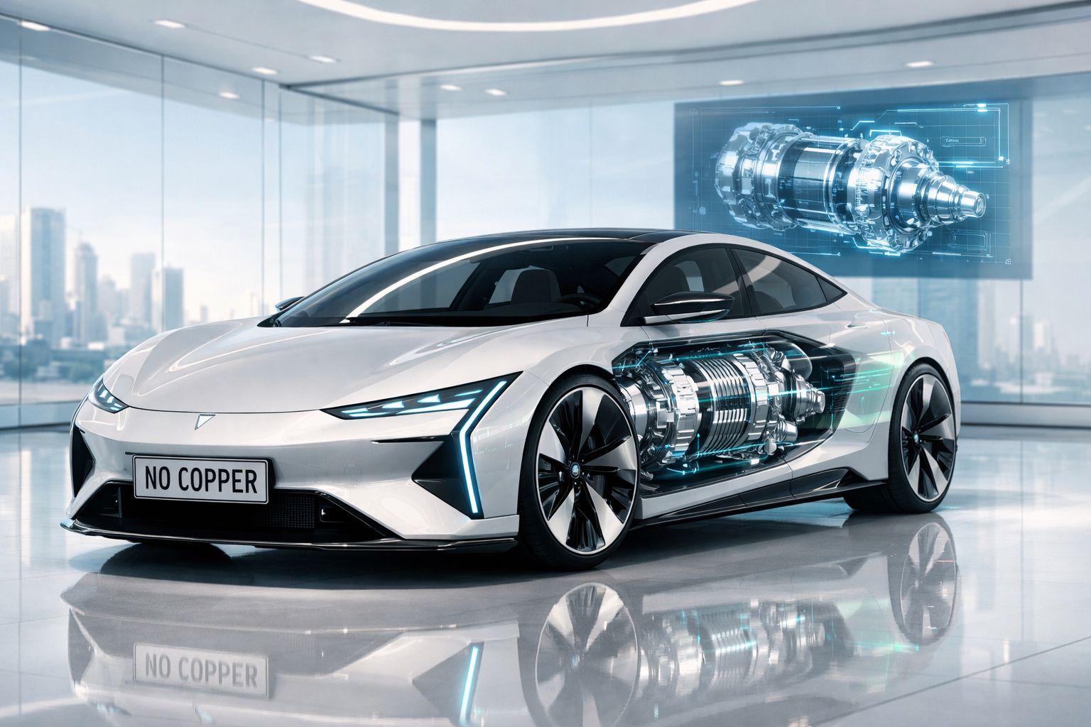 Carro desportivo elétrico branco numa sala moderna com ilustração de motor transparente e holografia técnica ao fundo.