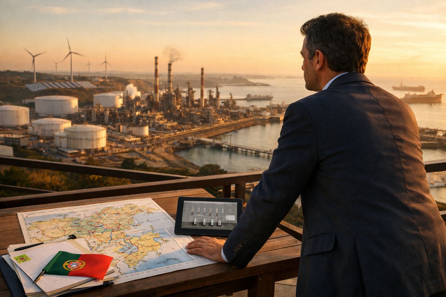Homem de fato observa refinaria com turbinas eólicas ao pôr do sol com mapa e tablet sobre mesa.