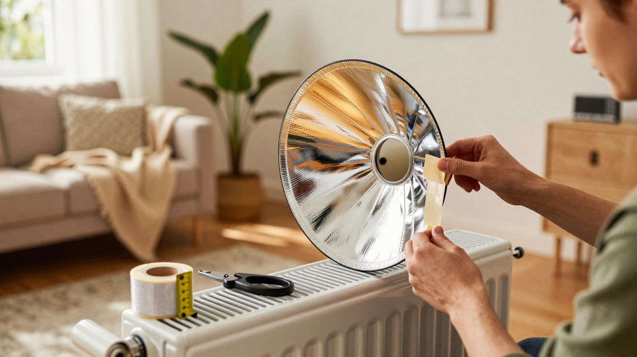 Pessoa a aplicar folha refletora atrás de radiador num ambiente interior doméstico.