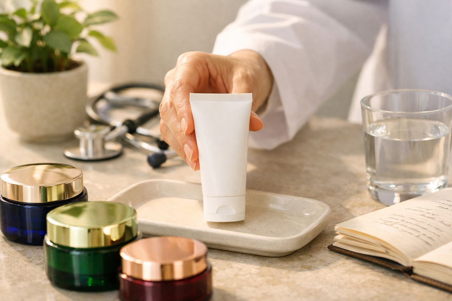 Mão a segurar embalagem branca de creme numa bandeja com frascos, estetoscópio, copo de água e caderno ao lado.