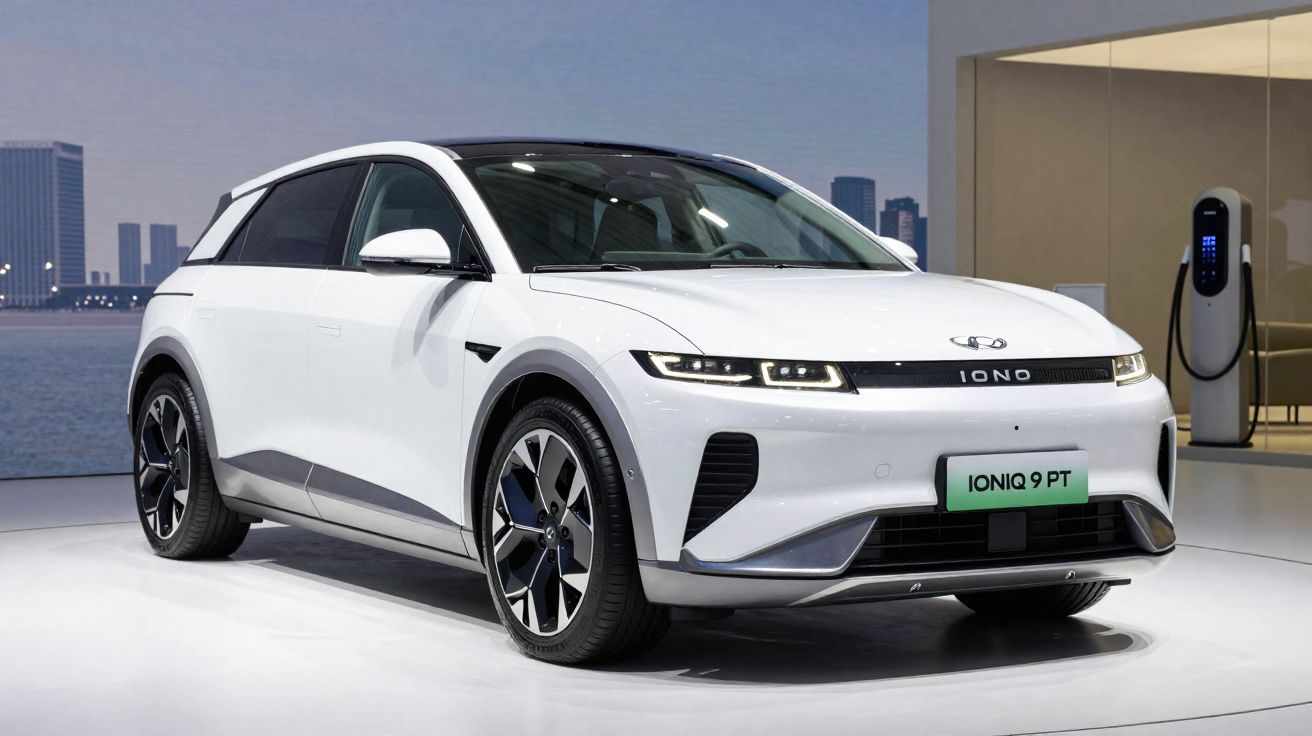 Carro elétrico branco Ioniq 9 PT em exposição num espaço moderno com estação de carregamento.