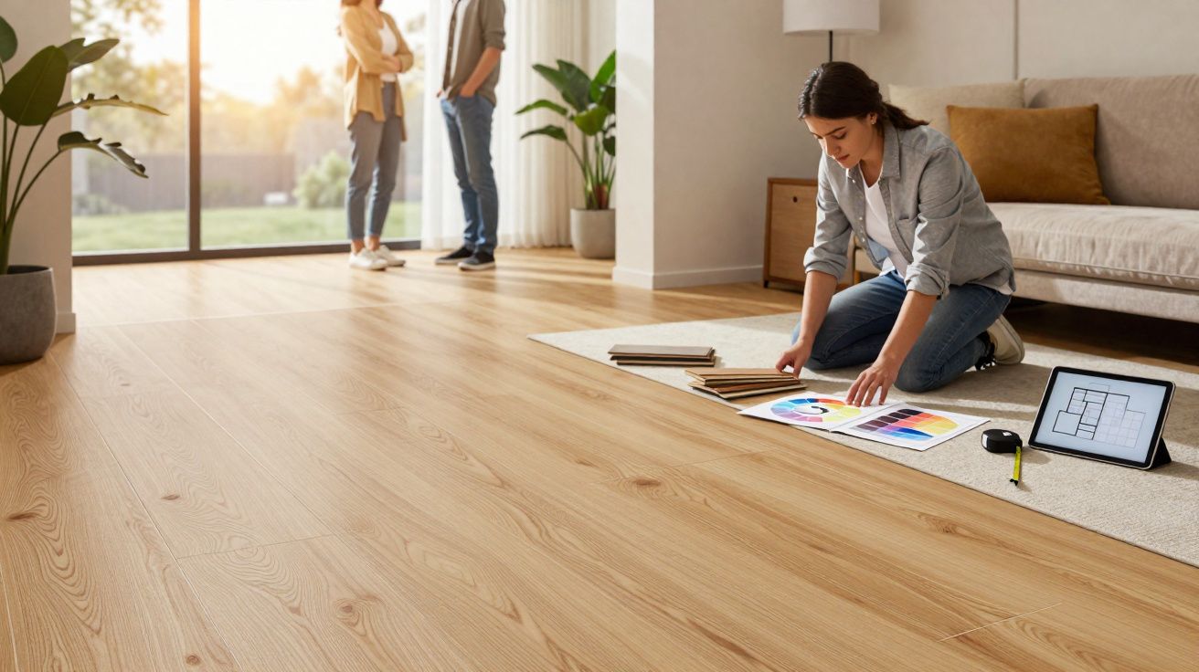 Mulher a escolher cores e materiais para decoração, casal ao fundo junto à janela em sala iluminada.