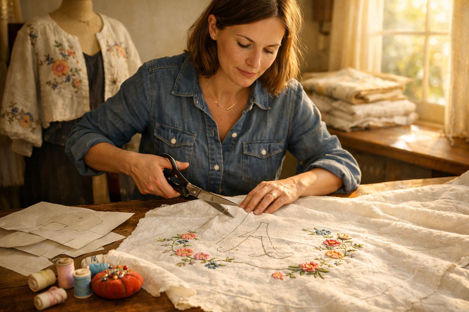 Mulher a recortar tecido bordado com tesoura, sentada numa mesa de costura iluminada pela janela.