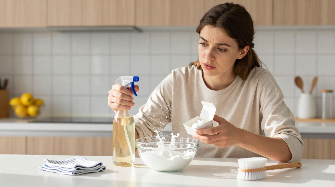 Mulher na cozinha a preparar mistura caseira com bicarbonato, spray e tigela de vidro na bancada.