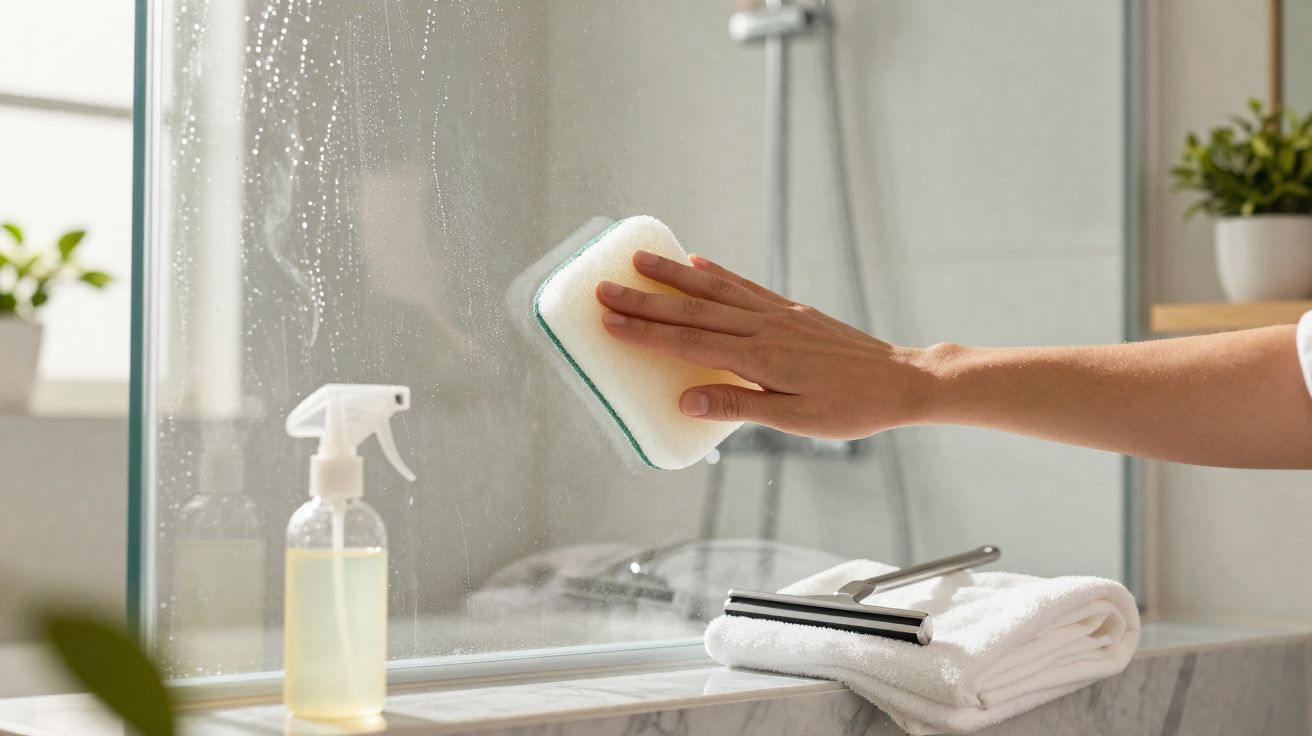 Mão a limpar espelho de casa de banho com esponja, frasco de spray, toalha e limpa-vidros à frente.