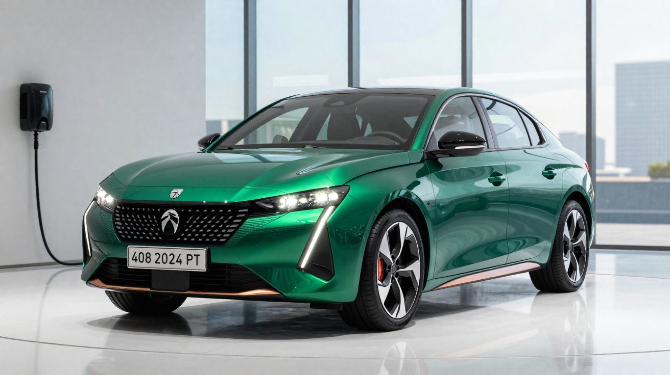 Carro elétrico verde, modelo moderno, a carregar numa estação num espaço interior luminoso.