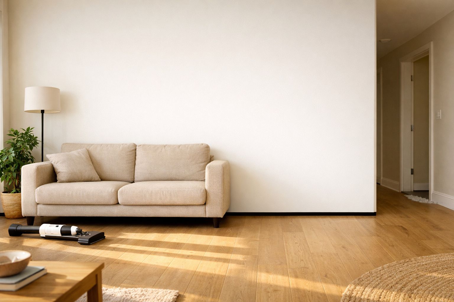 Sala de estar minimalista com sofá bege, candeeiro de pé, planta e garrafa de vinho no chão de madeira