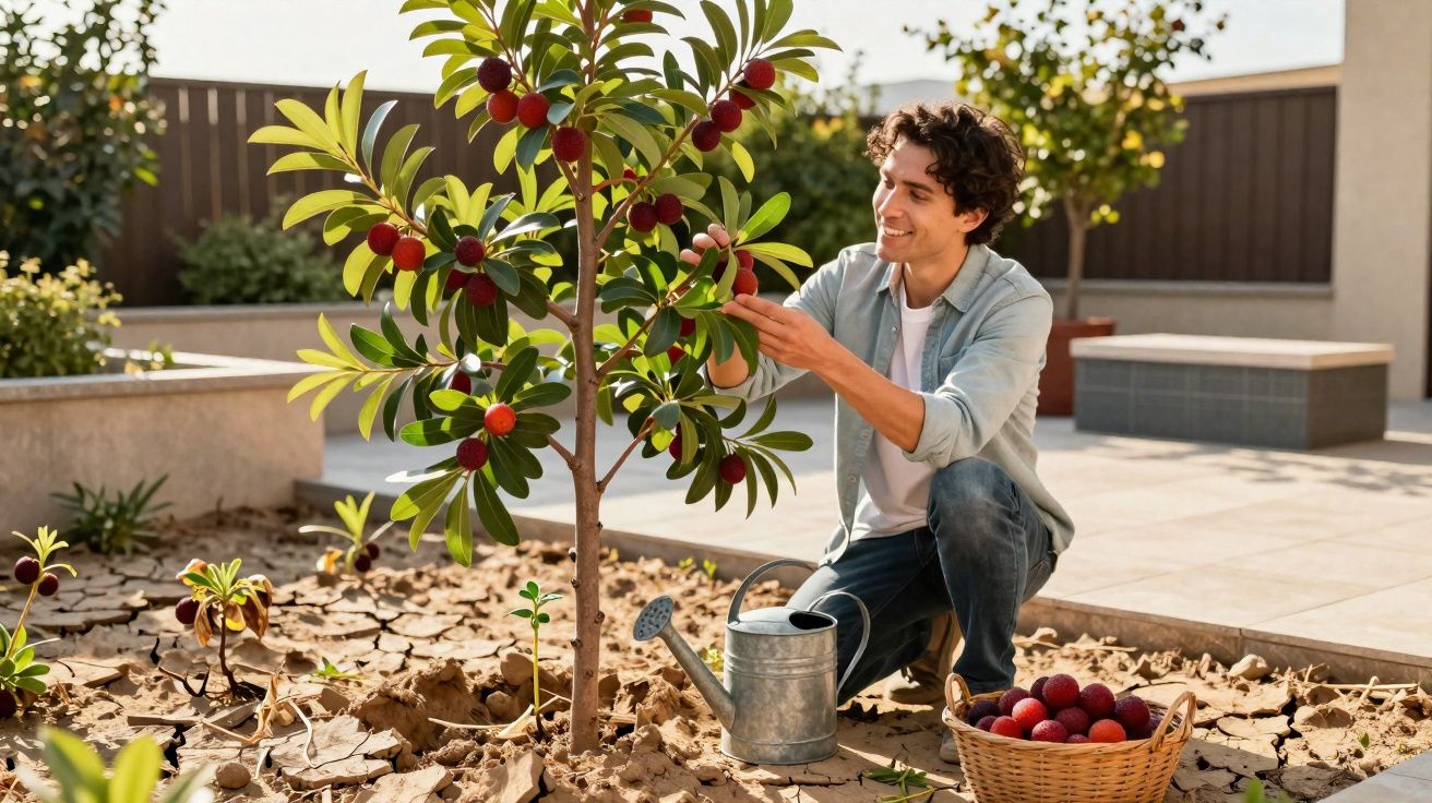Homem colhe frutos vermelhos de árvore jovem num jardim, com regador e cesta cheia ao lado.