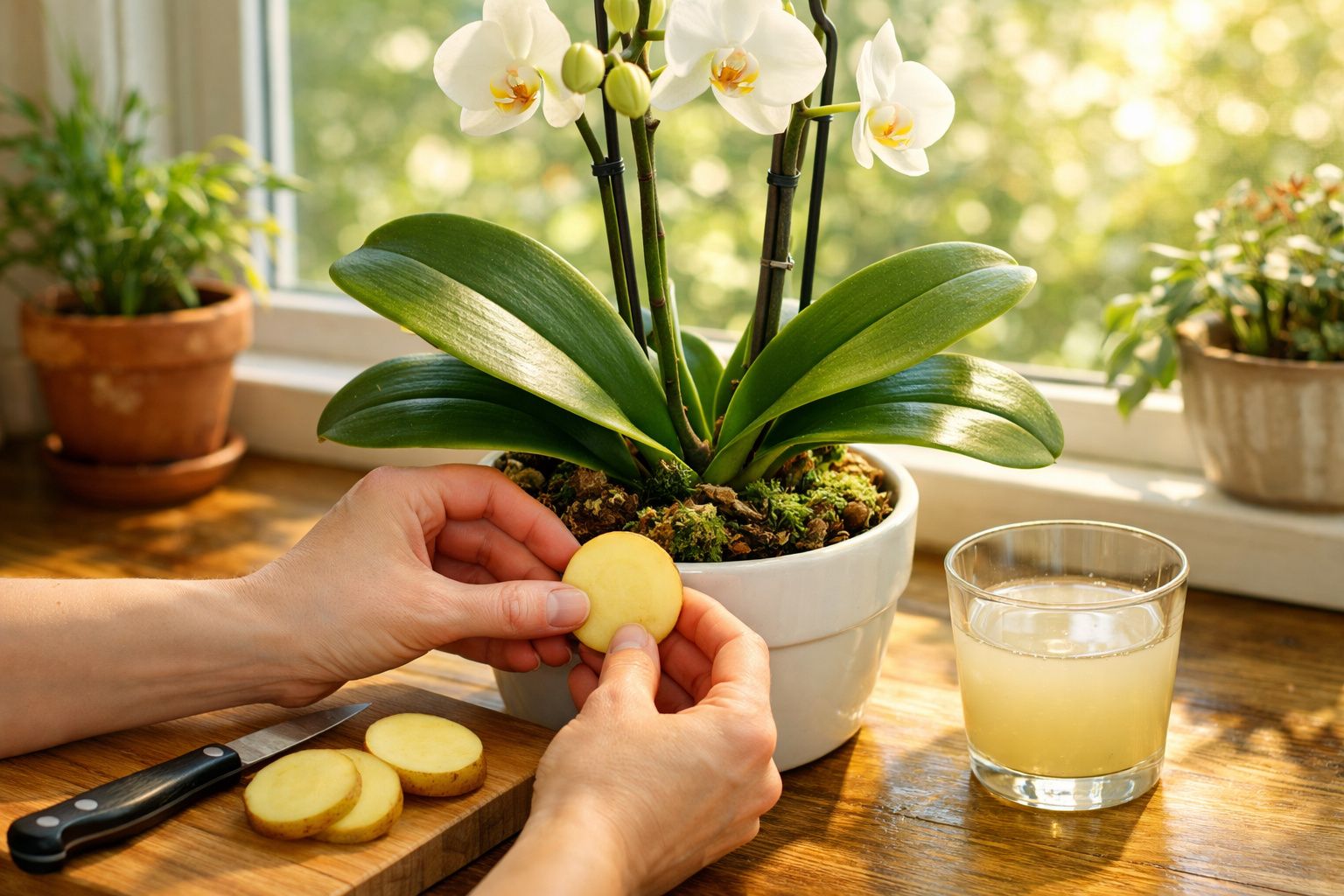 Mãos a colocar anéis de batata numa planta de orquídea em vaso branco junto a copo com água.