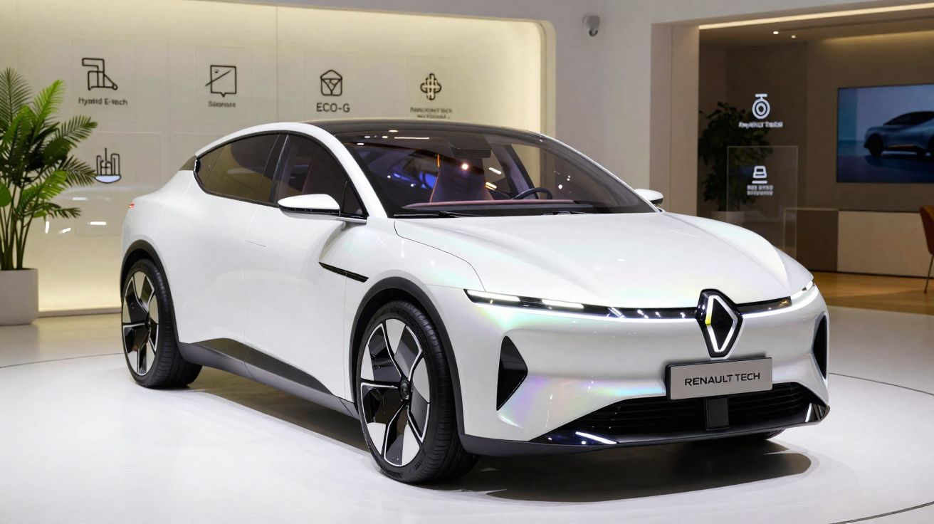 Carro elétrico branco da Renault Tech em exposição num salão automóvel moderno.