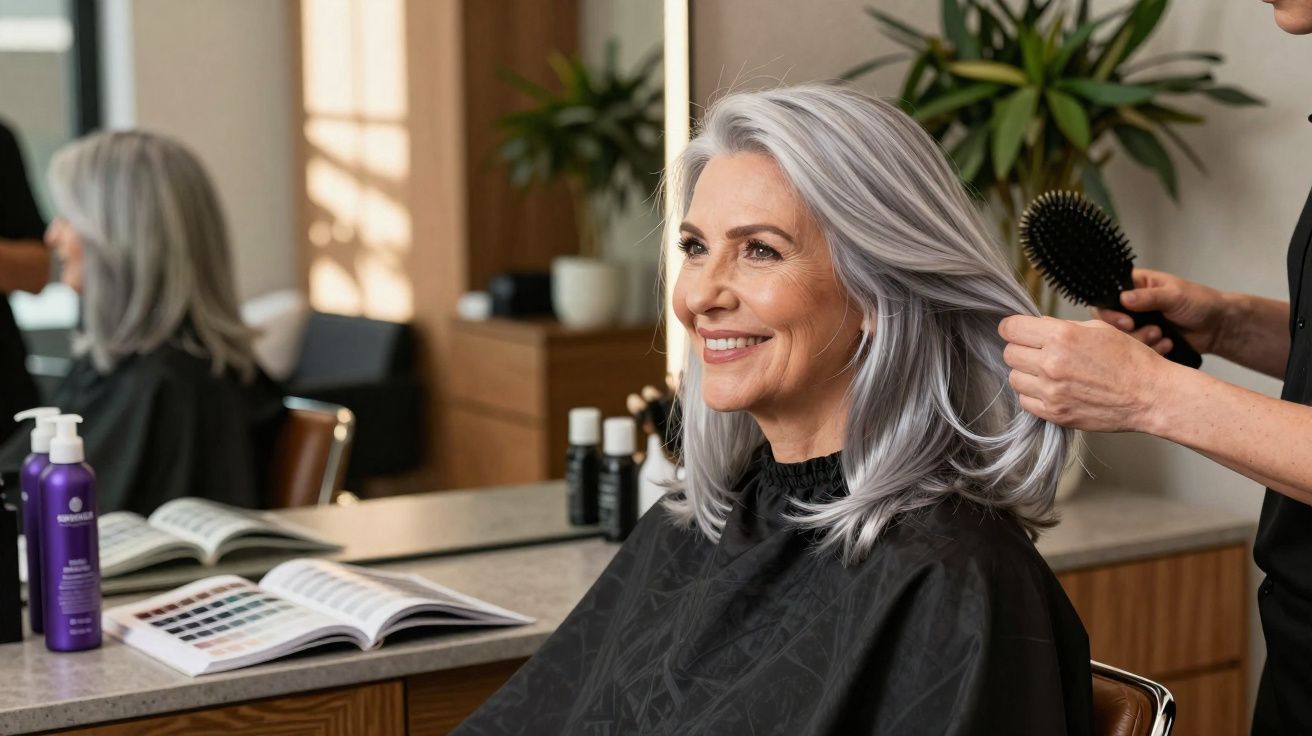 Mulher sorridente com cabelo grisalho a ser penteada num salão de cabeleireiro moderno.