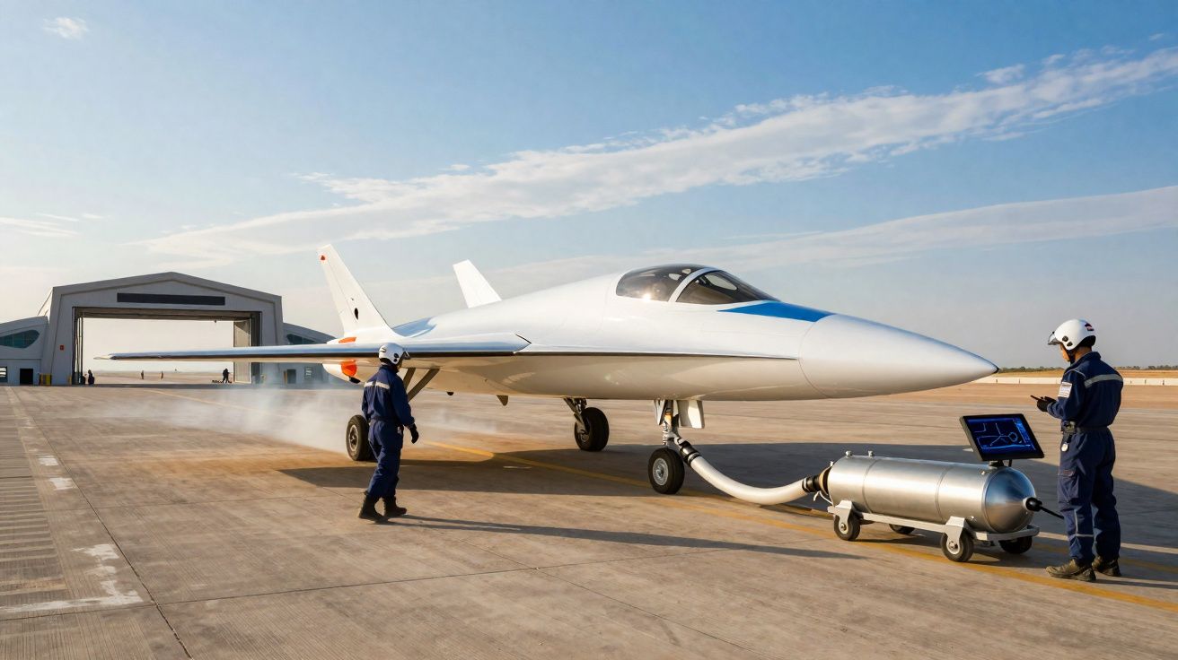Avião futurista em pista, com dois técnicos em fatos de proteção, ligado a equipamento de reabastecimento.
