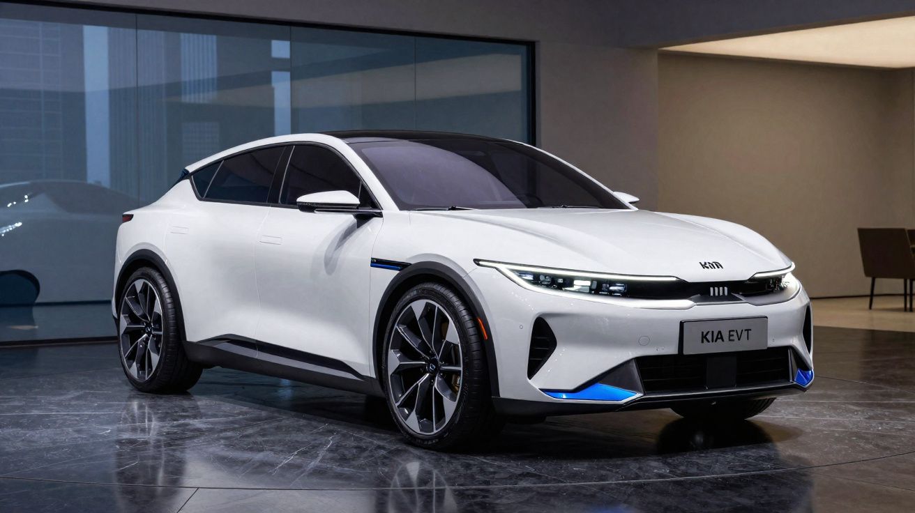 Carro elétrico branco KIA EVT estacionado em piso interior com janelas e cadeiras ao fundo.