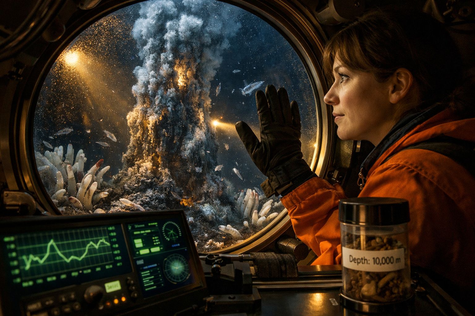 Mulher dentro de submarino observa criaturas marinhas e fumo no fundo do oceano pela janela redonda.