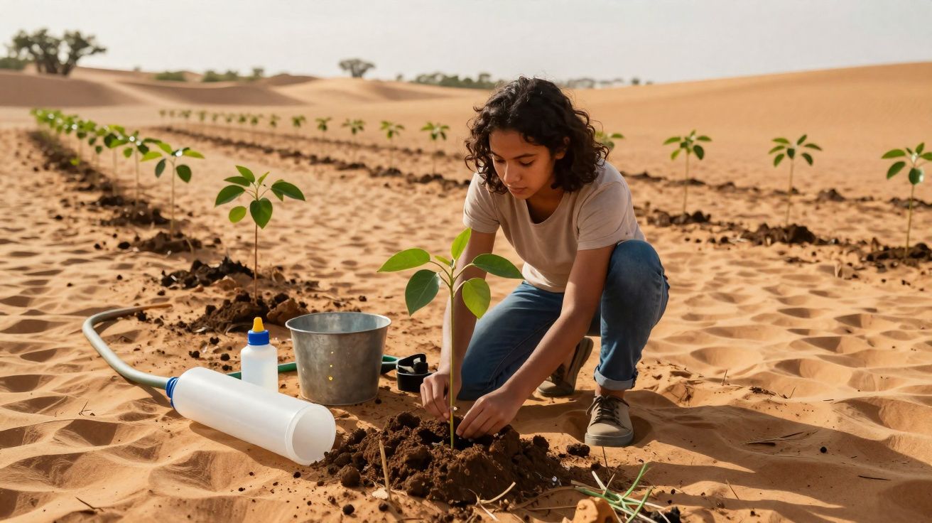 Jovem planta uma árvore numa área desértica, rodeada de mudas e utensílios de plantação.