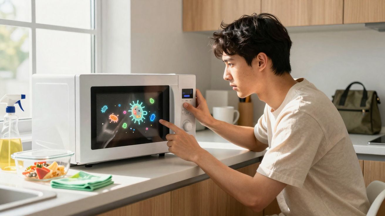 Homem numa cozinha a usar micro-ondas com ilustração digital de vírus visível no ecrã.