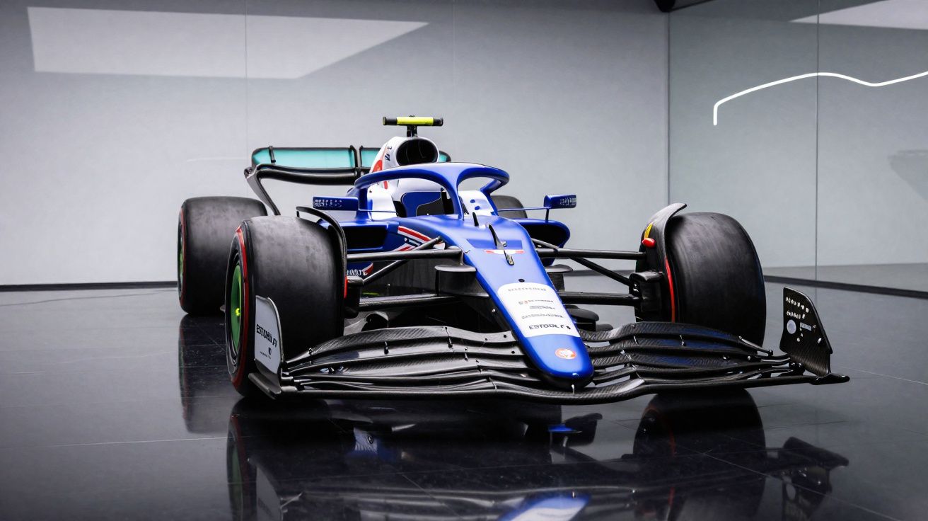 Carro de Fórmula 1 azul com detalhes brancos e pretos, exibido em espaço moderno e minimalista.