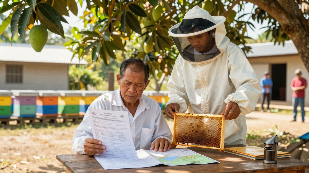 Dois homens analisam documentação e quadro de colmeia com favos de mel numa área rural ao ar livre.