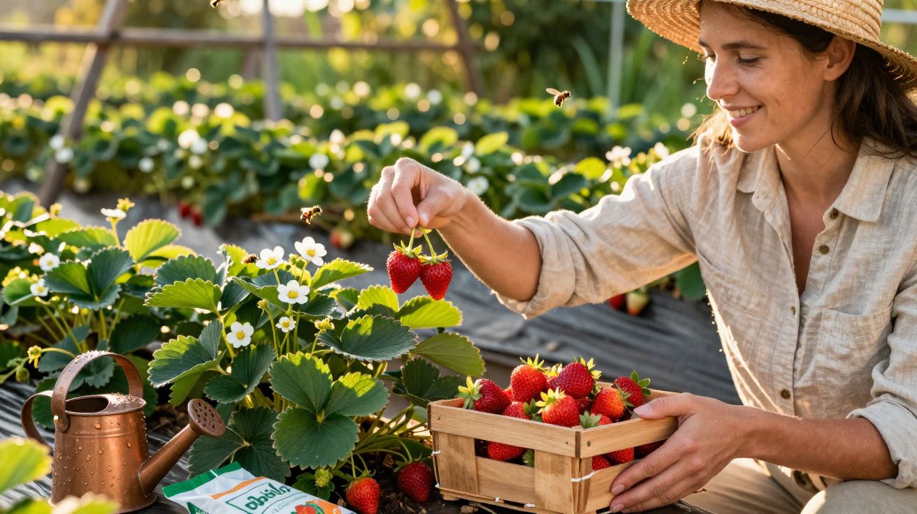 Mulher com chapéu colhe morangos maduros numa plantação, com abelhas a voar à volta.