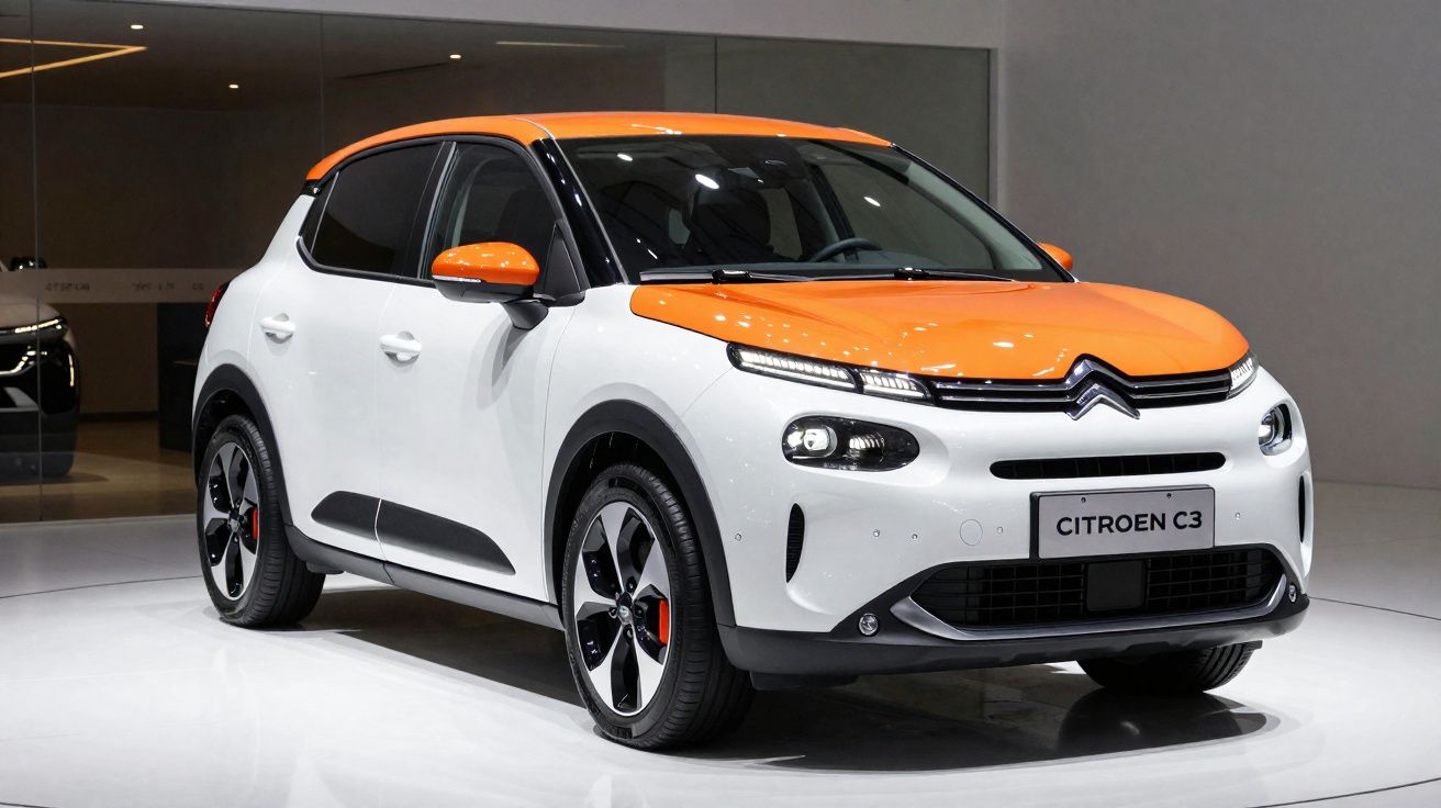 Citroën C3 branco com detalhes laranja, apresentado numa exposição automóvel.