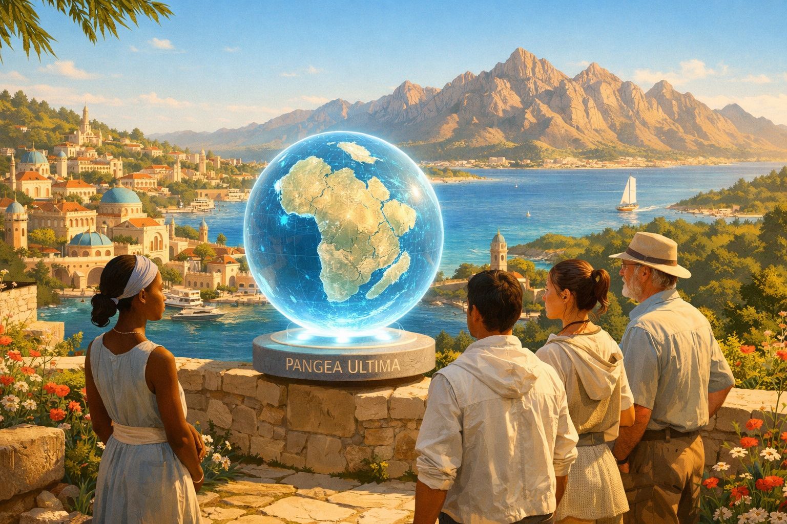 Quatro pessoas observam um globo transparente com o continente africano, num cenário costeiro com montanhas e cidade.