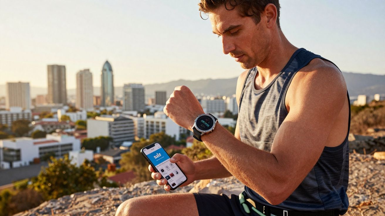 Homem sentado ao ar livre, vê o telemóvel e vê o relógio inteligente com cidade ao fundo.