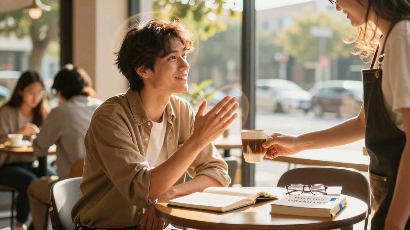Pessoa sentada numa mesa de café a receber uma bebida de uma empregada, com livros e óculos na mesa.