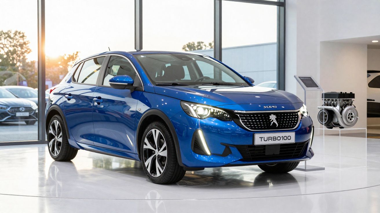 Peugeot 308 Turbo100 azul numa sala de exposição moderna com luz natural e motor exposto ao lado.