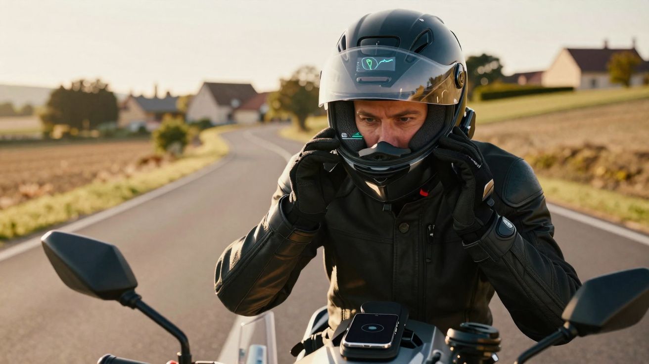 Homem de capacete e casaco de couro ajusta viseira numa mota numa estrada rural ao pôr do sol.